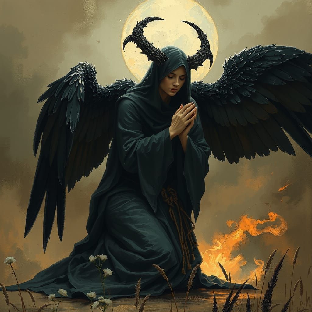 Black Winged Druid in Prayer: Fantasy Art