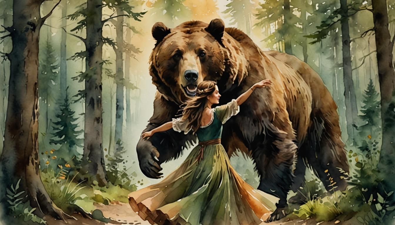 Romantic Gypsy Dance with Bear in Watercolor