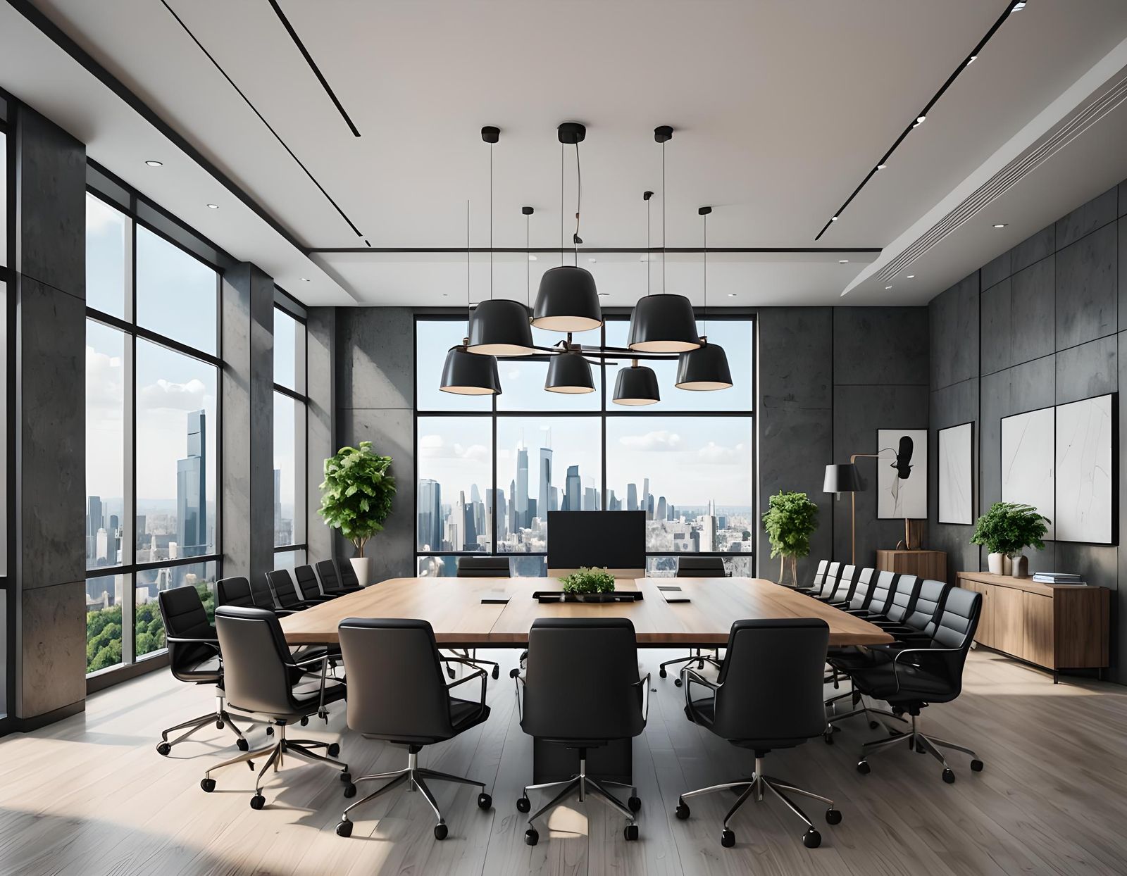 Sleek Modern Conference Room with City View: 3D Render