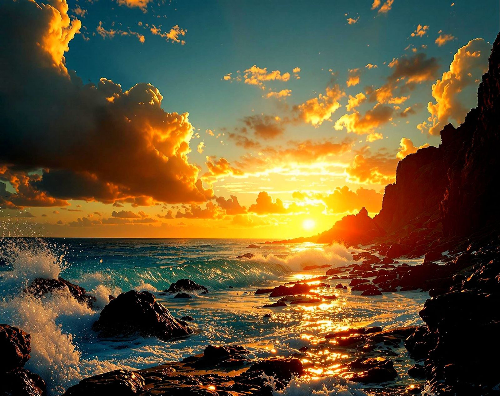 Surreal Sunset on a Rocky Ocean Beach in Hyperdetailed Photo...