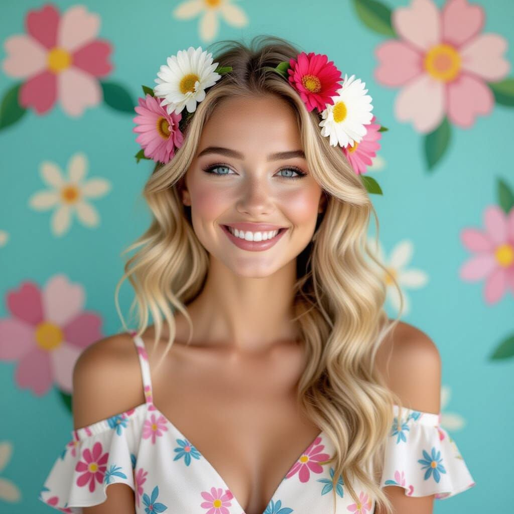 Cheerful Woman in Floral Collage Art Style