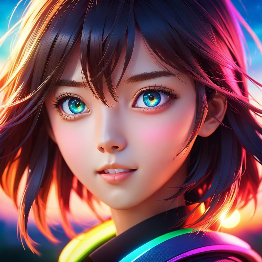 Anime Girl in Ethereal Neon Lit Landscape