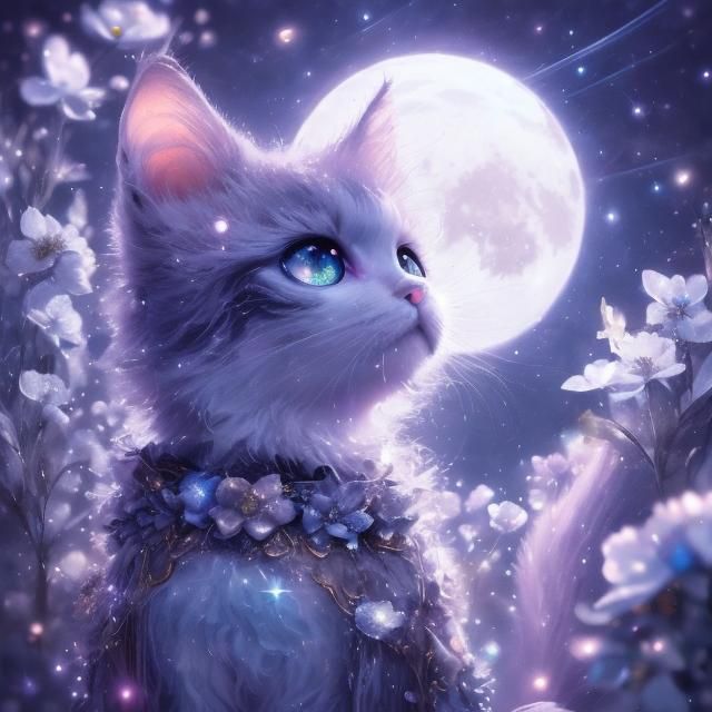 Mythical Cat Gazing at Moon in Vaporwave Style