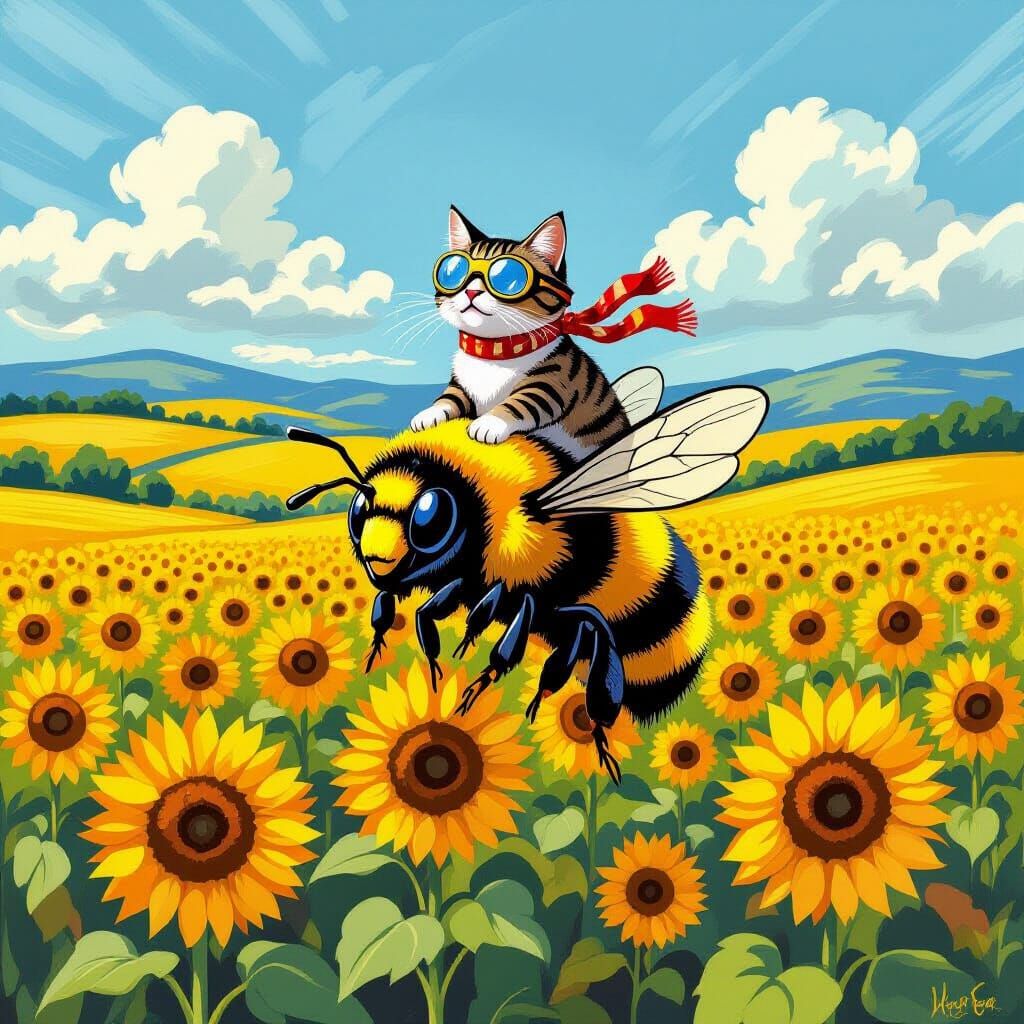 Cat Riding a Bee Through Sunflowers in Van Gogh Style