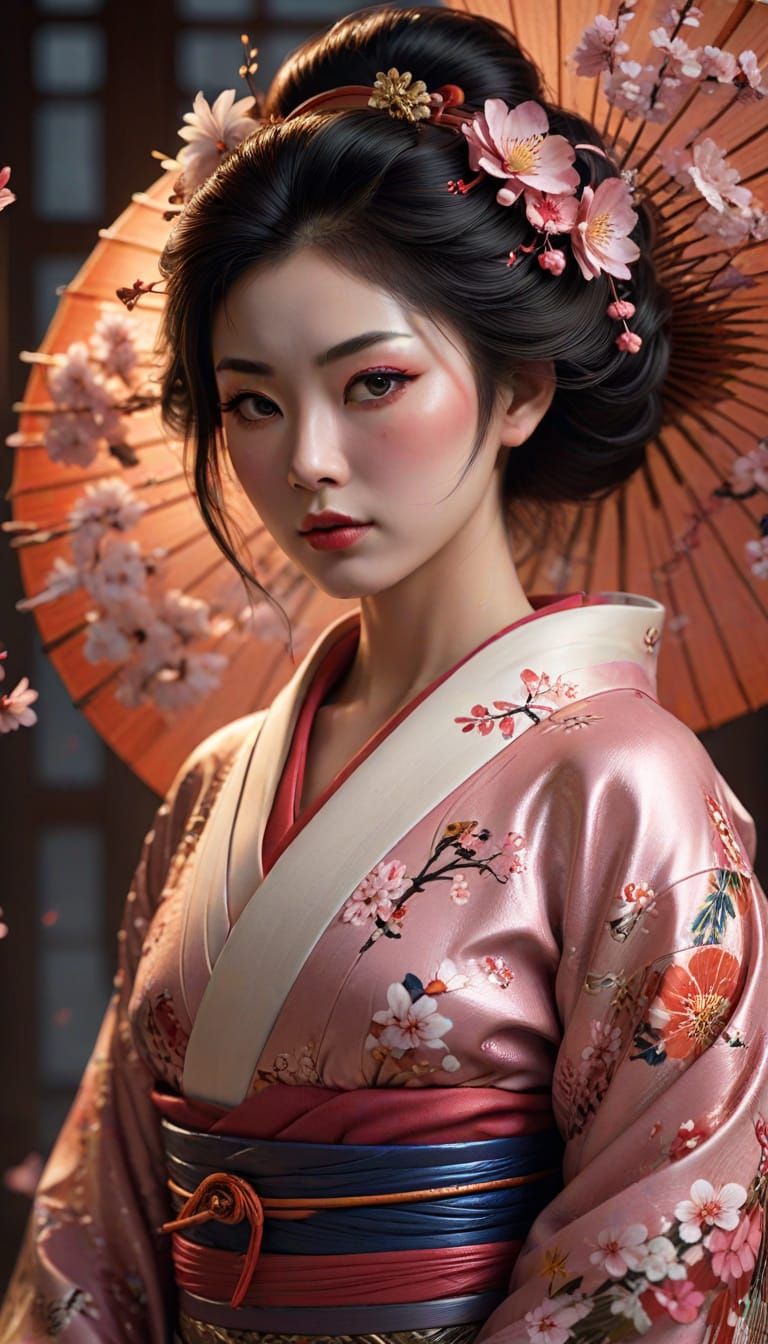 Surreal Geisha Portrait in Vibrant Sakura Bloom