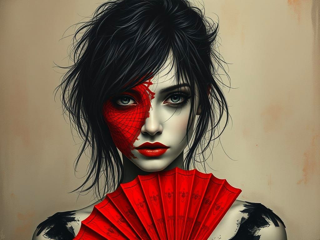 Ornate Red Fan Veils Woman's Face: Surreal Charcoal