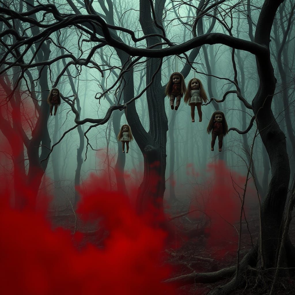 Eerie Abandoned Forest with Twisted Trees and Antique Dolls