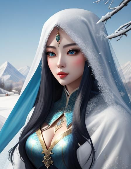 Veiled Woman in Snow Scene, Digital Painting