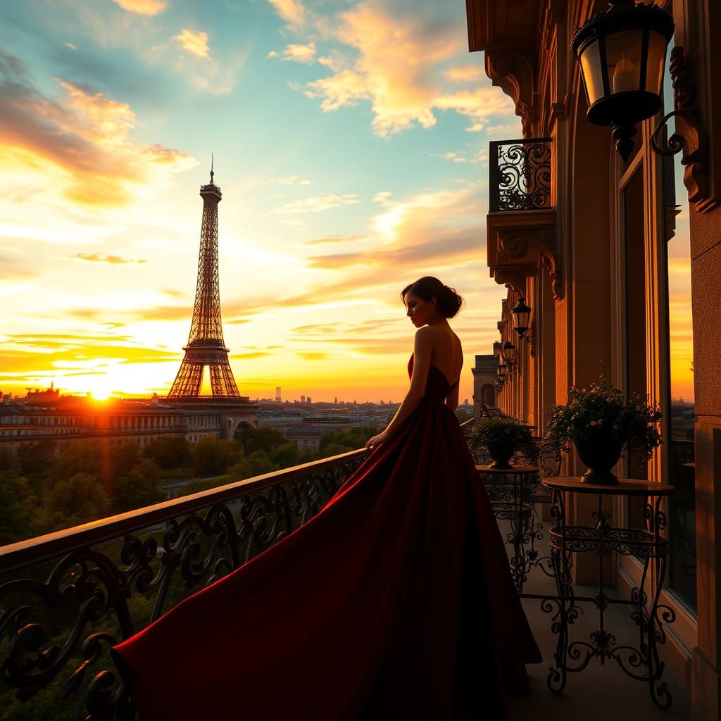 Surreal Parisian Couture Woman Reveals Sunset Secrets in Dra...