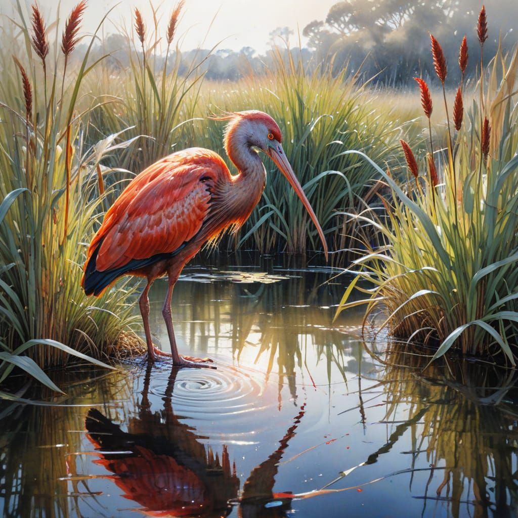 Red Ibis in Reeds: Watercolor Painting with White Space