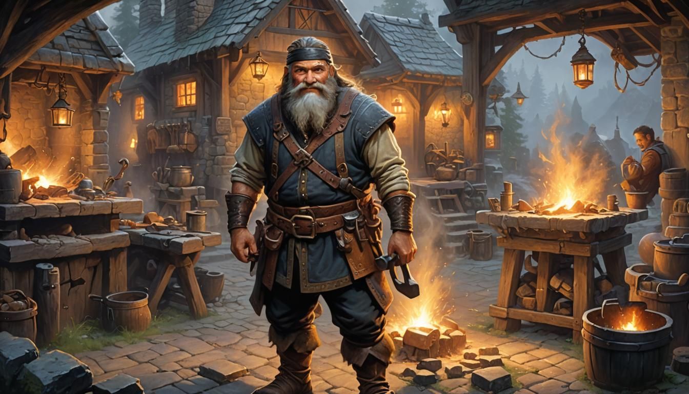 Jovial Dwarf Blacksmith in Ethereal Fantasy Style