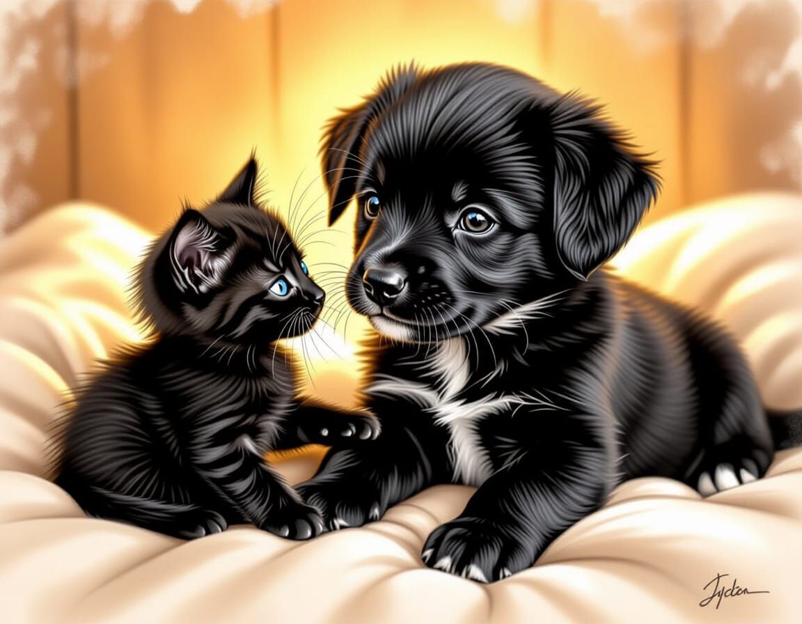 Cute Puppy and Kitten Charcoal Drawing in Hyperdetailed Styl...