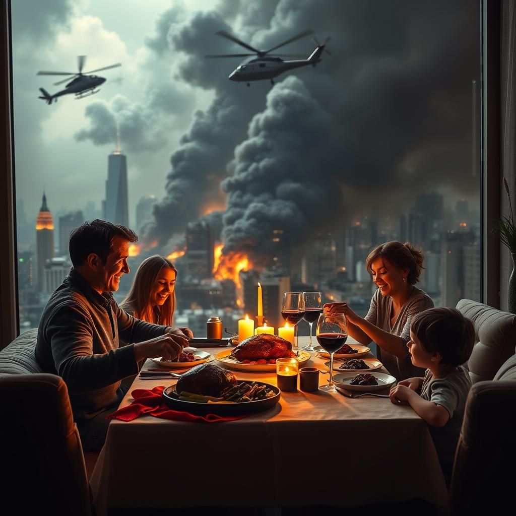 Hyperrealistic Family Dinner Amidst Burning City