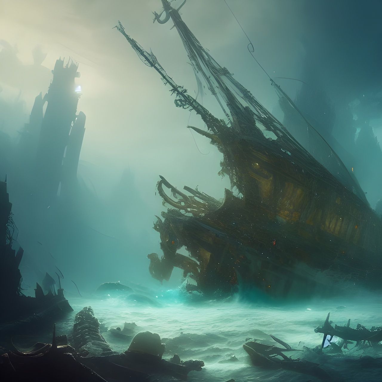 Underwater Ghost Ship Wreckage in Epic Fantasy Style