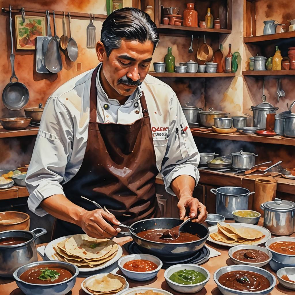 Chef Prepares Mole Poblano in Gouache Style