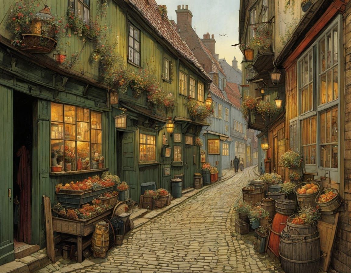 Narrow Alley in Danish Port Town, in Whimsical Watercolor St...