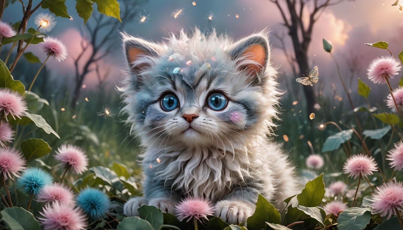 Pastel Floral Kitten in Dreamlike Forest, Digital Art