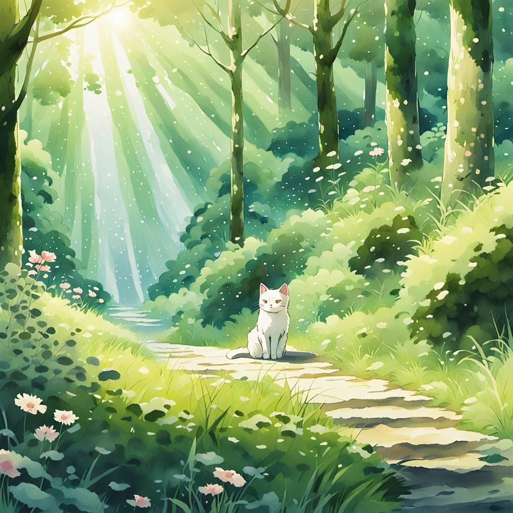 Anime Cat in Forest Glade: Watercolor Style