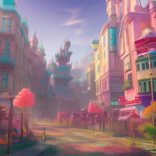 Pastel Kawaii City in Detailed Matte Painting