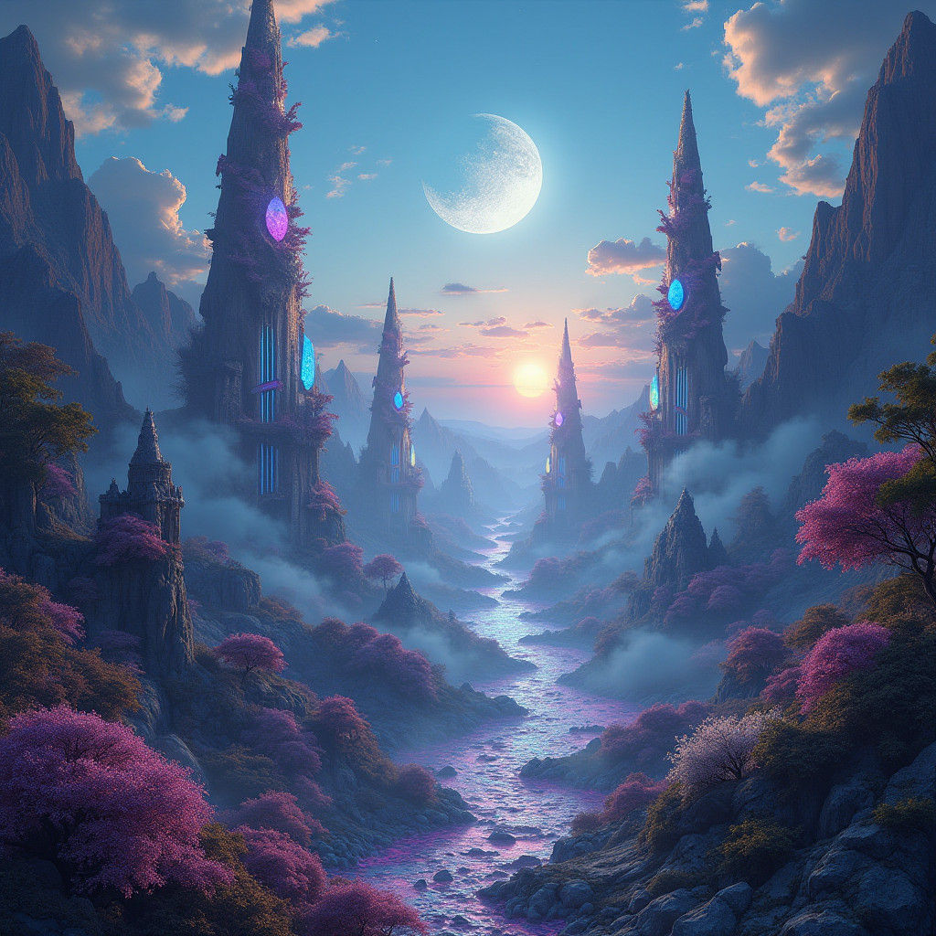 Mystical Media Worldscape with Glowing Runes and Spires