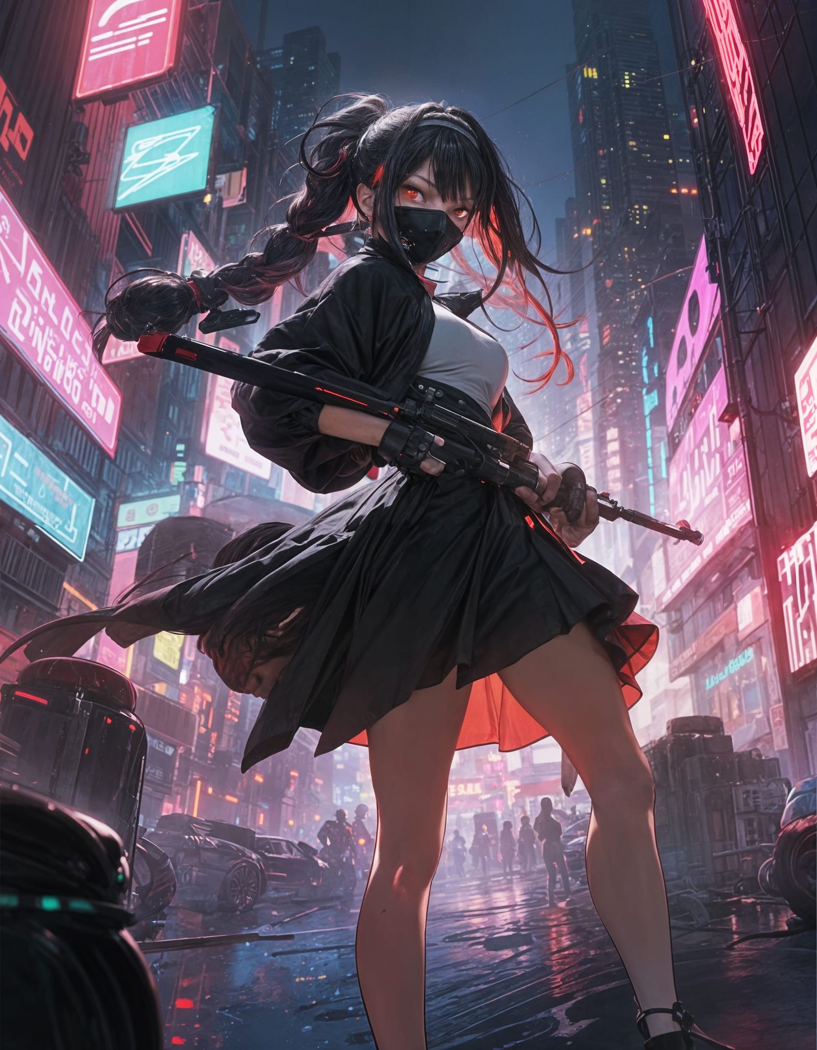 Cyberpunk Fighter with Red Eyes in Neon City