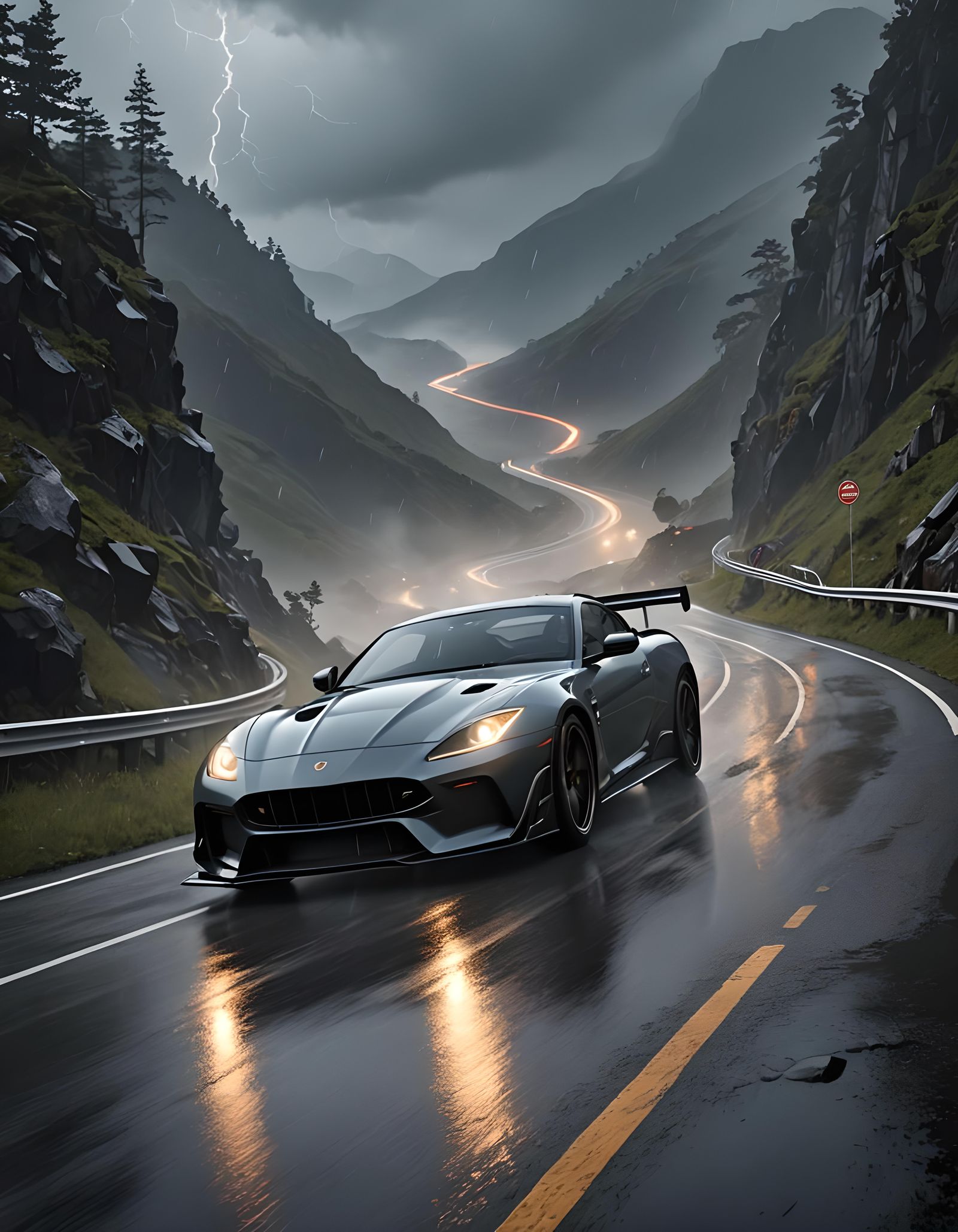 Sports Car in Storm: 3D Anime Art