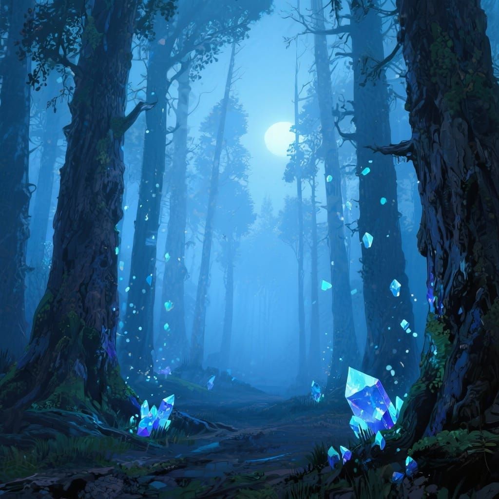 Ethereal Forest Dawn with Glowing Crystals