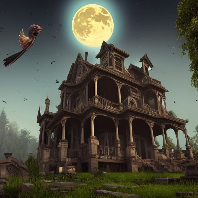 Haunted Mansion with Graveyard in Cinematic 3D