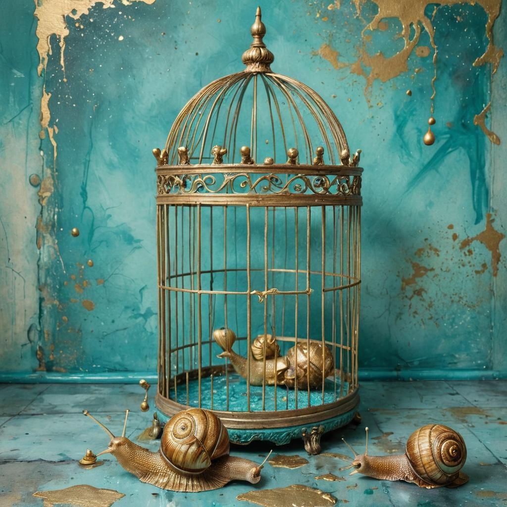 Surreal Birdcage with Golden Snails, in Mixed Media