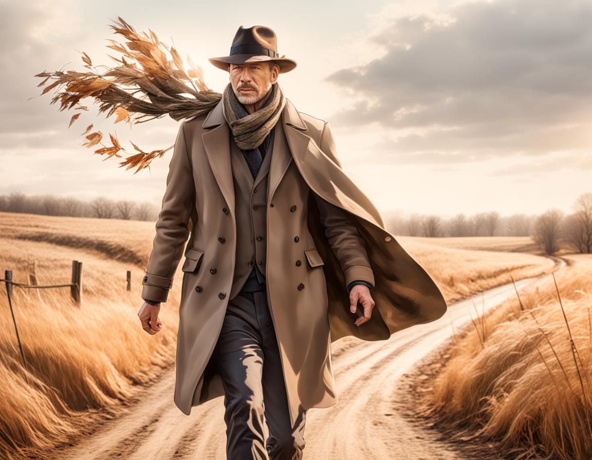 Man Walking on Windy Country Road in Winter Coat