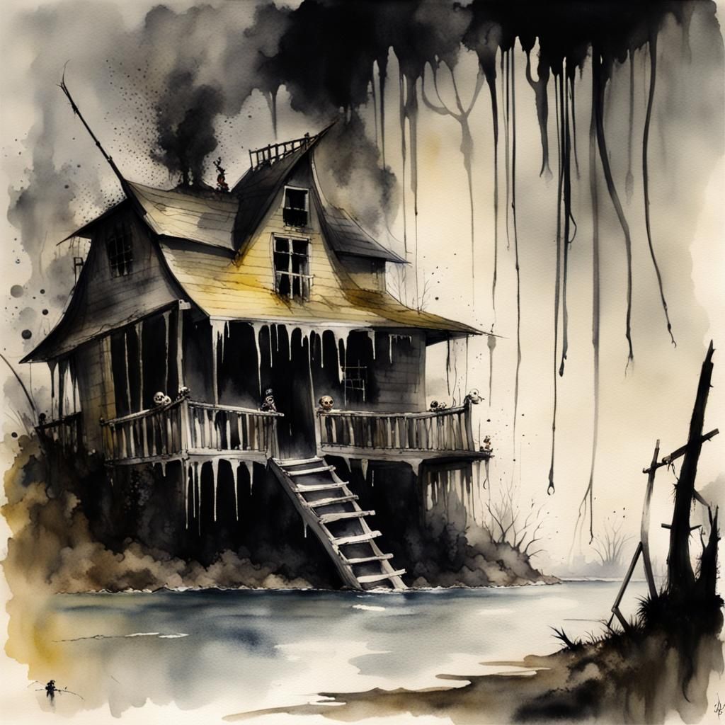 Angry Pirate in Swamp House, Watercolor Illustration