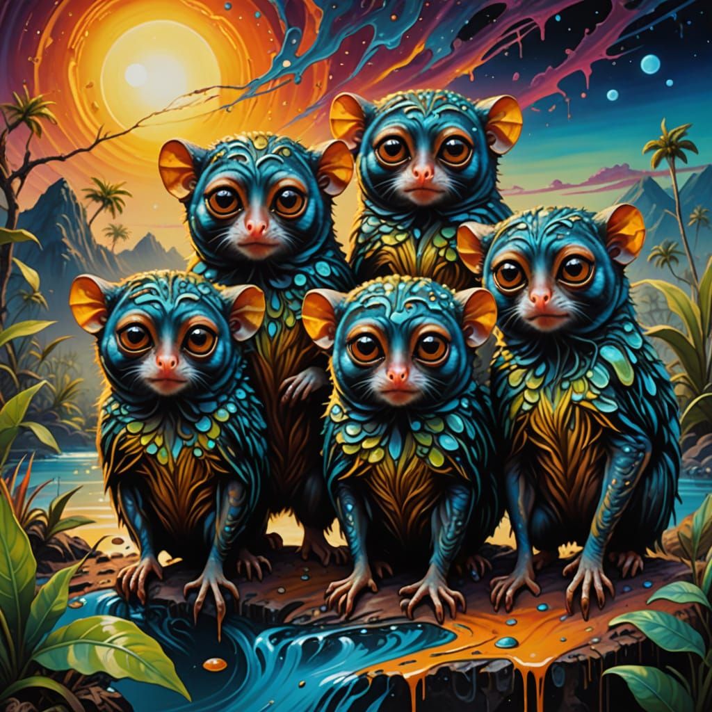 Vibrant Surreal Planet with Tarsiers and Bioluminescent Plan...