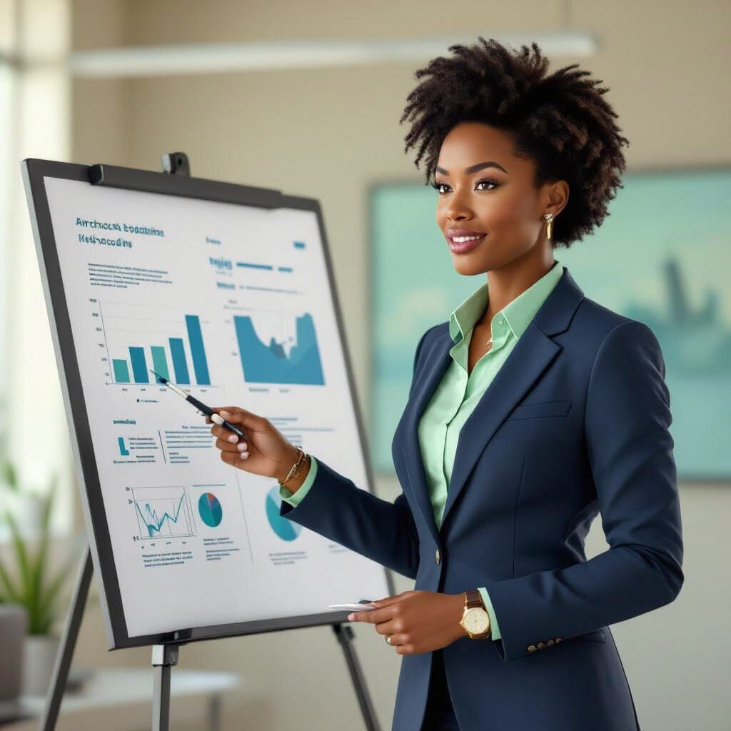 Confident Woman Giving Presentation in Matte Painting Style