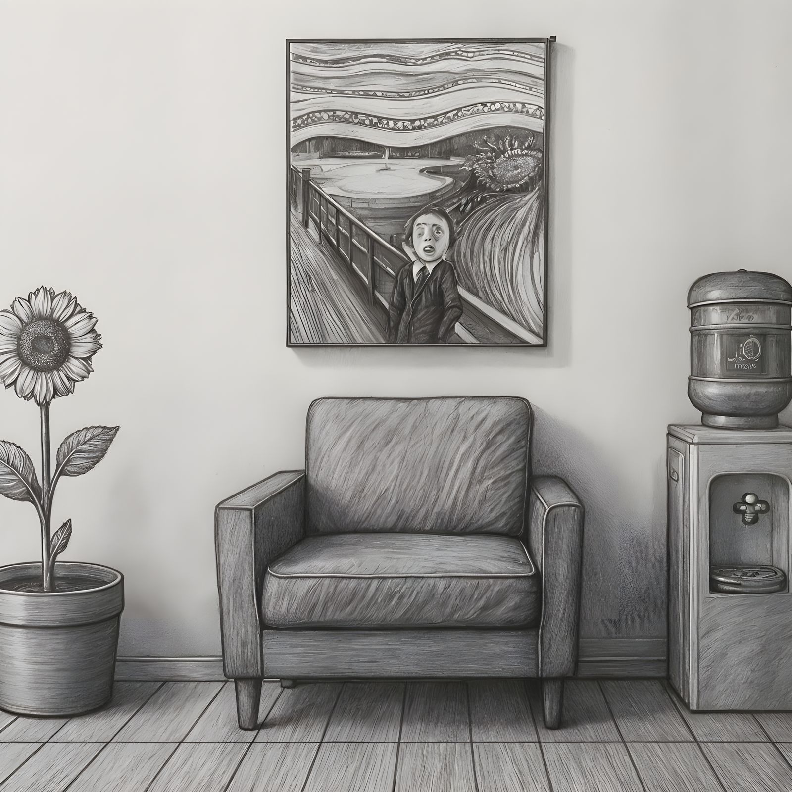 Pencil Sketch of Organized Room Interior