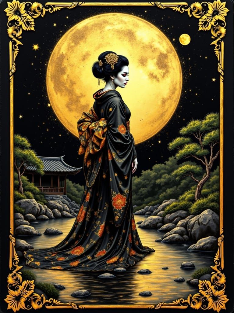 Gothic Geisha in Zen Garden at Night, Tarot Style