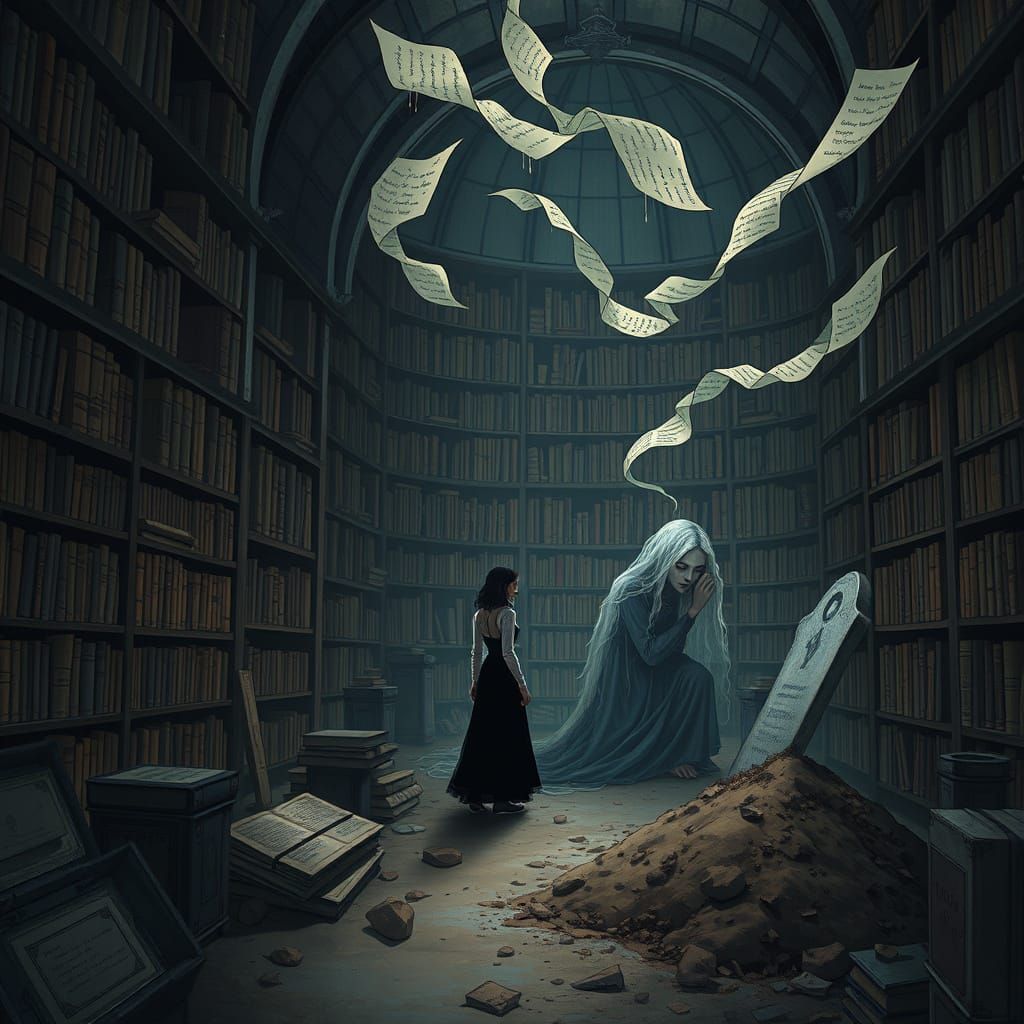 Ethereal Figure in Vaulted Library with Whispering Tomes