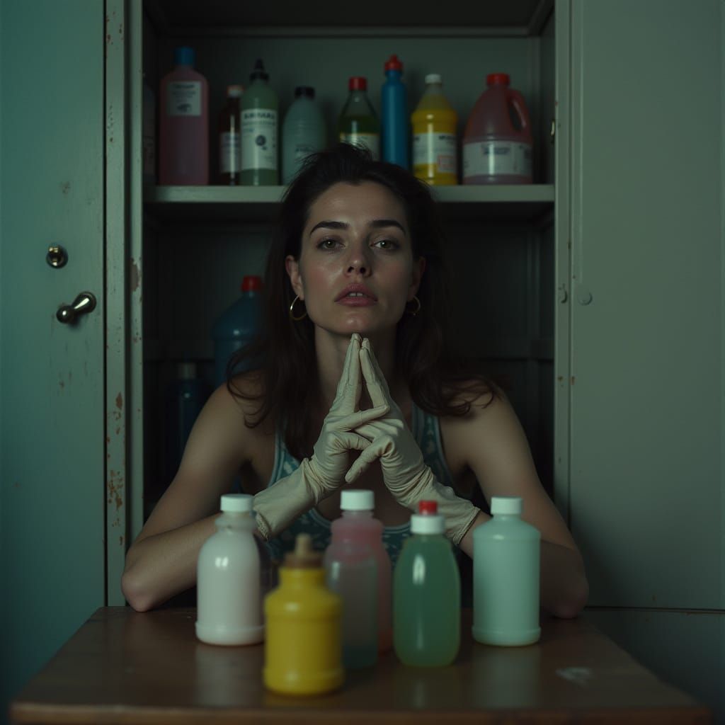 Woman and Unlabeled Chemical Bottles in Photorealistic Style