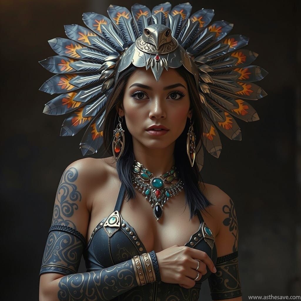Surreal Goddess with Tribal Tattoos and Psychedelic Headdres...
