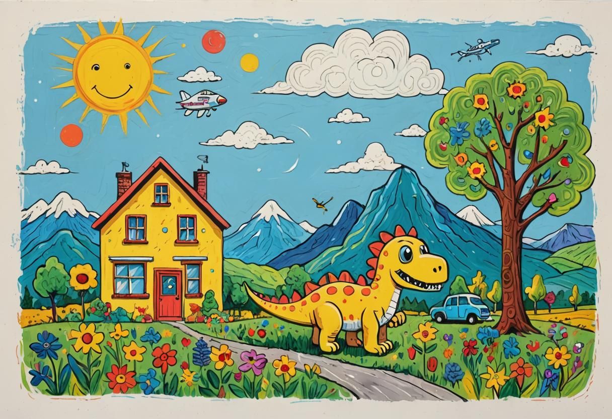 Naive Art Landscape with Astronaut and Dinosaur