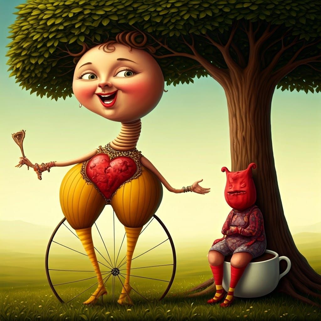 Surreal Painting of a Woman with Elongated Neck and Bicycle ...