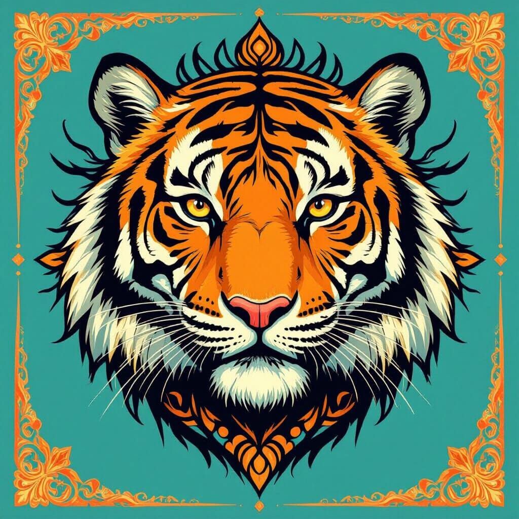 Retro Tiger Head Illustration in Matte Painting Style