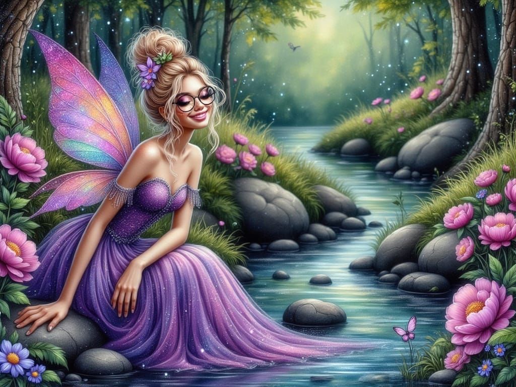 Whimsical Glitter Fairy in a Fantasy Landscape