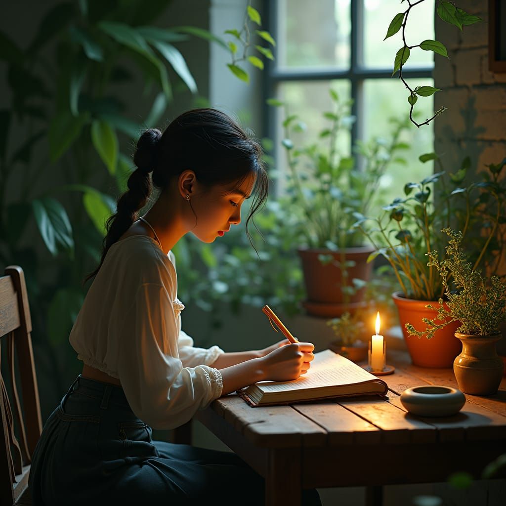 Peaceful Journaling Scene with Plants and Candlelight