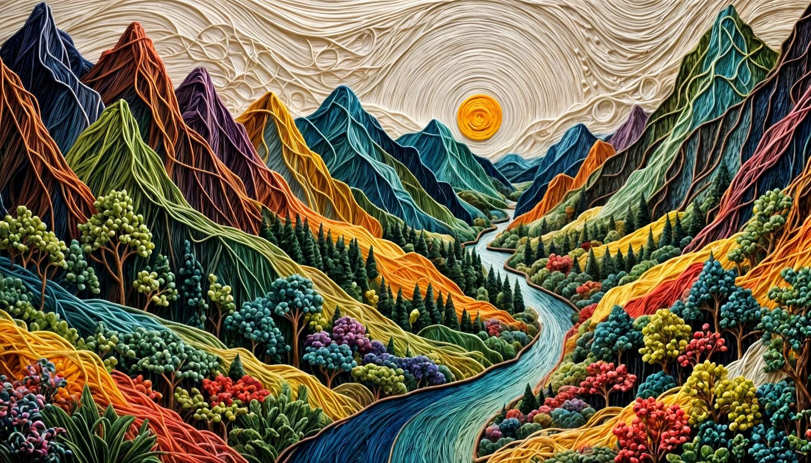 Colorful String Landscape: Intricate Thread Art Creation
