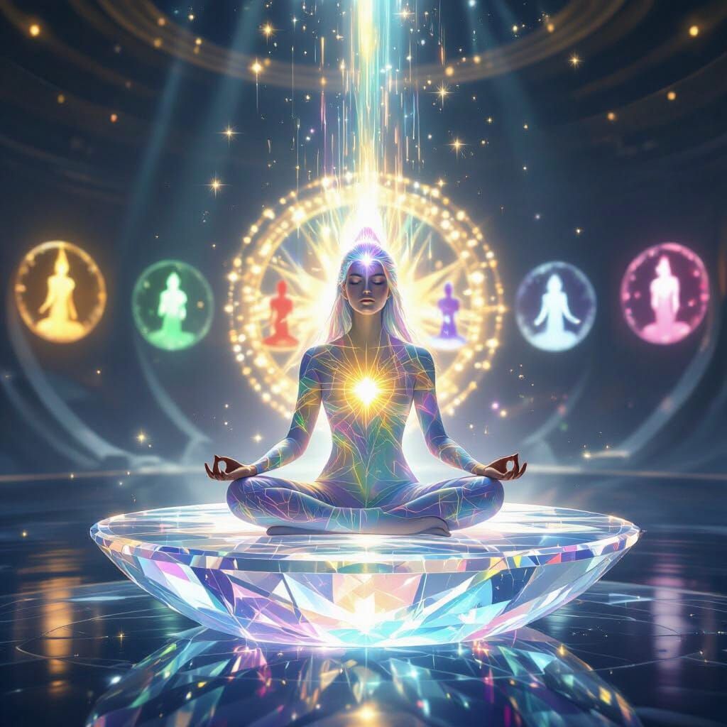 Meditating Figure on Crystalline Platform in Celestial Hall