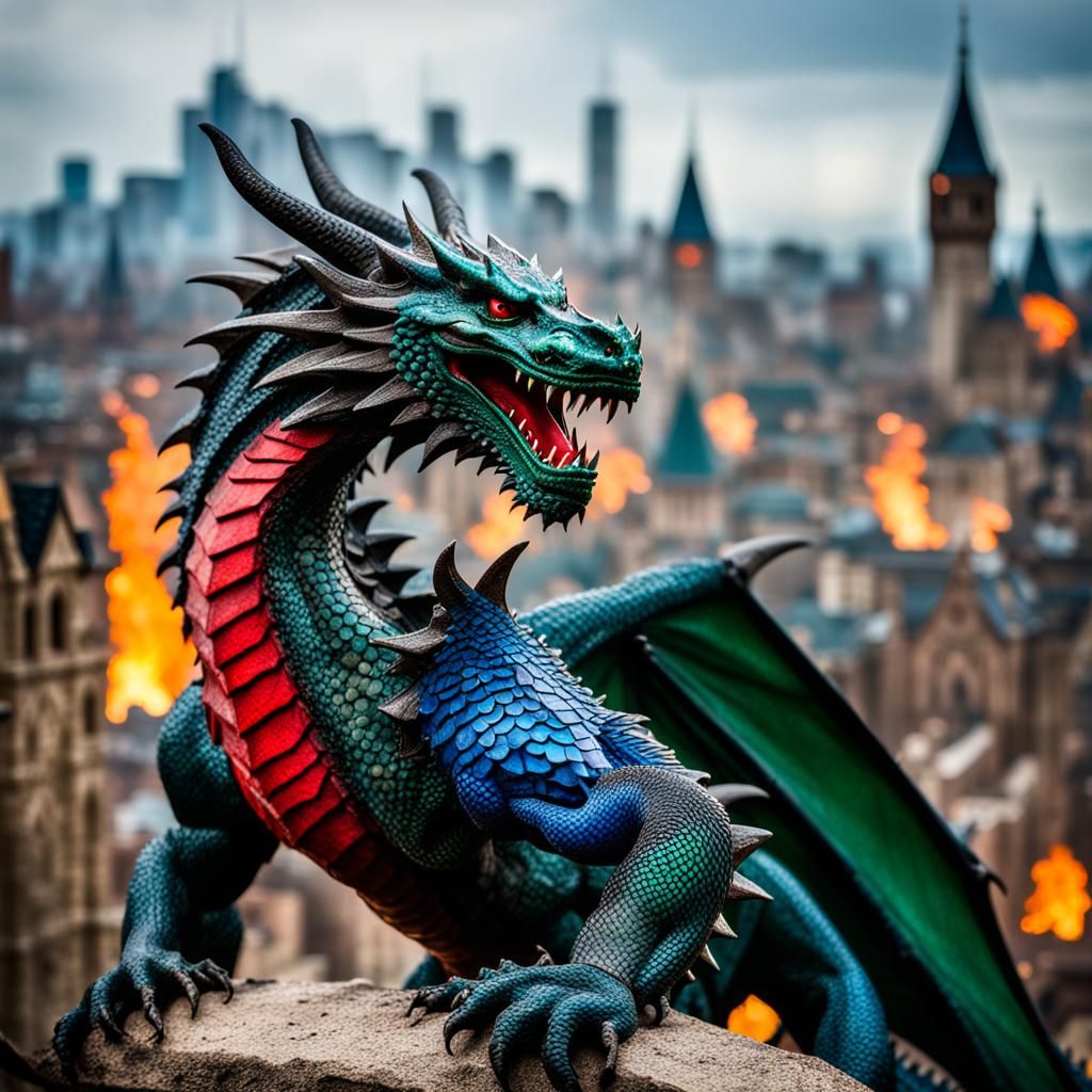 Medieval City Attacked by Four Dragons