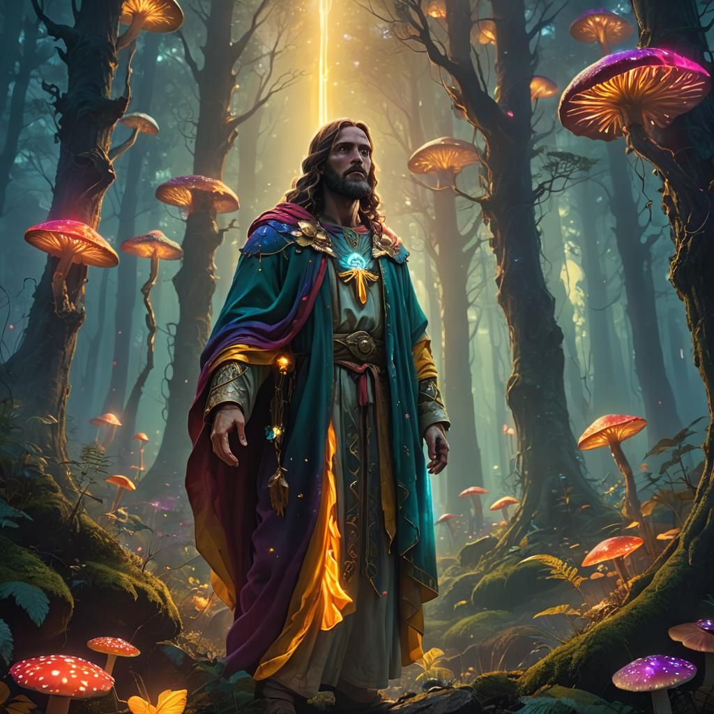 Christ in Psychedelic Forest, Surreal Concept Art
