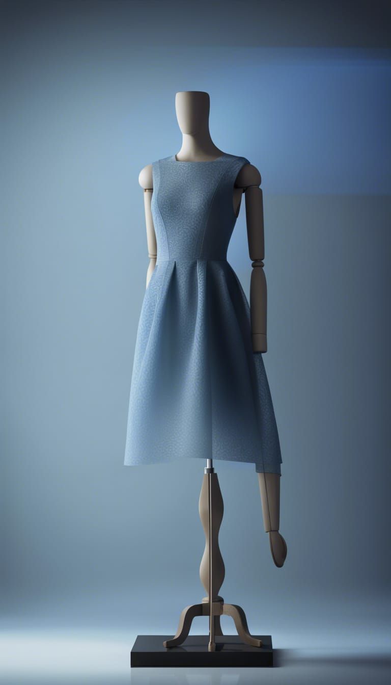 Blue Dress Mannequin on Runway: Realistic Fashion Photo