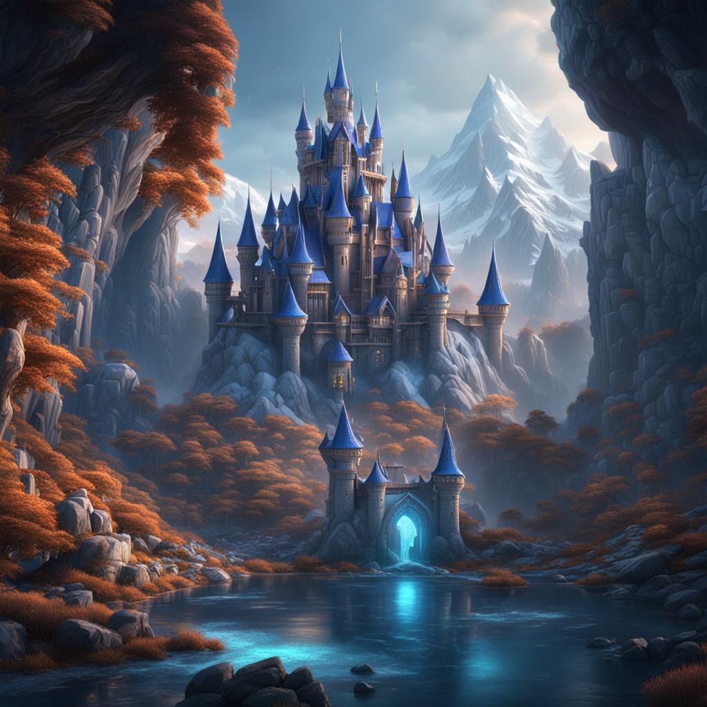 Crystal Mountains and Castle in Detailed Matte Painting