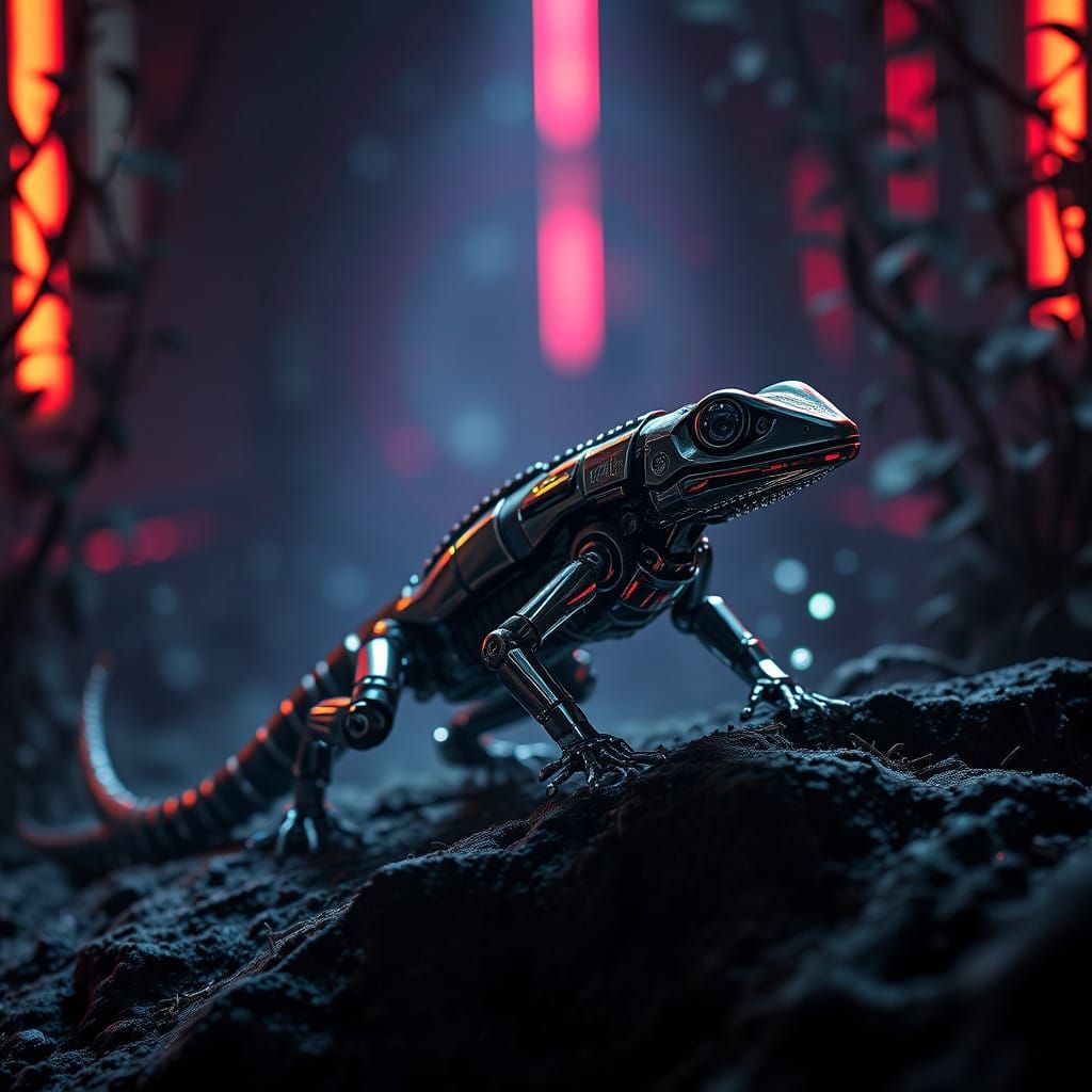 Elegant Sci-Fi Gecko Mech in Dark, Neon-Lit Atmosphere
